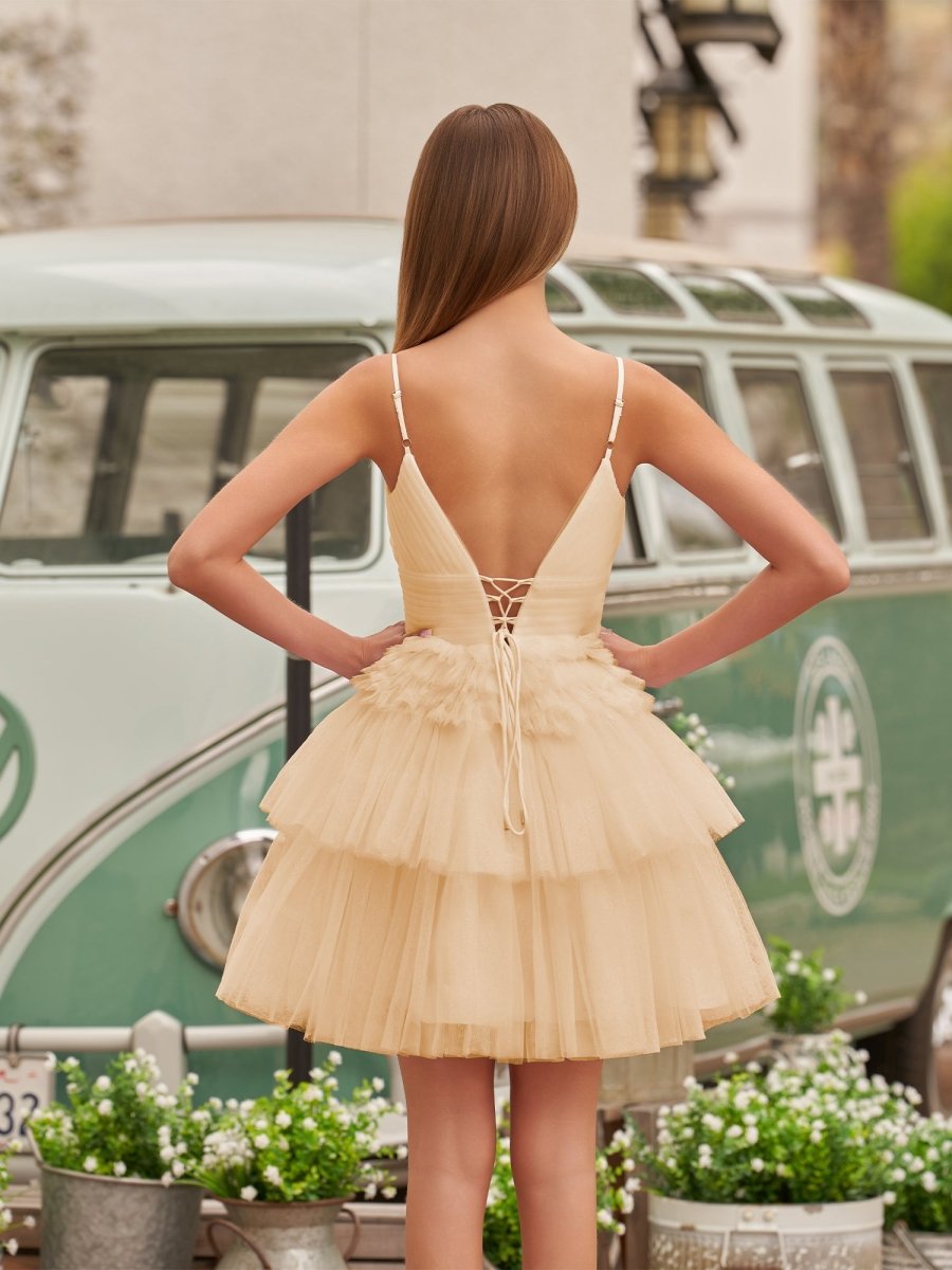A-Line Deep V Neck Tiered Short Homecoming Dress