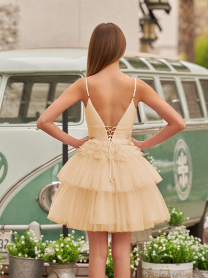 A-Line Deep V Neck Tiered Short Homecoming Dress