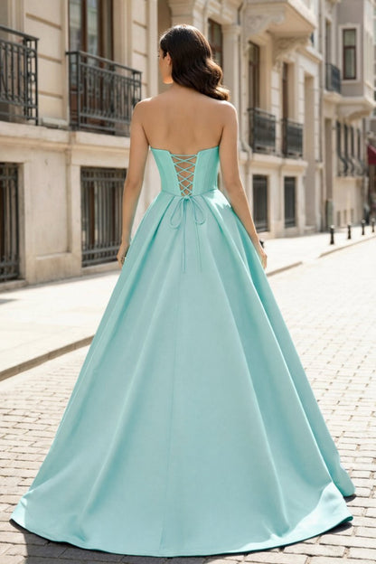 A-Line Beaded Sweetheart Royal Blue Satin Prom Dress