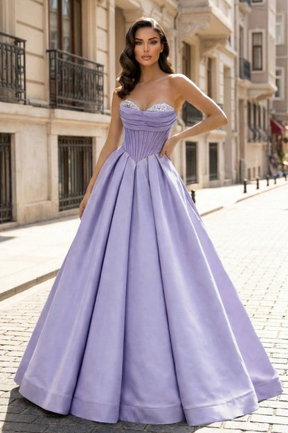 A-Line Beaded Sweetheart Royal Blue Satin Prom Dress