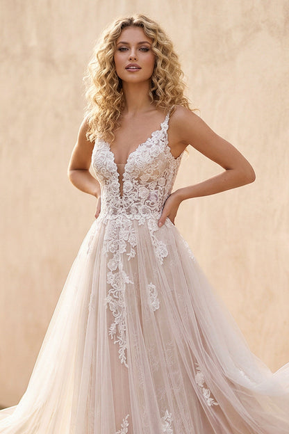 A-Line Lace White Sweep Train Sleeveless Backless Wedding Dress
