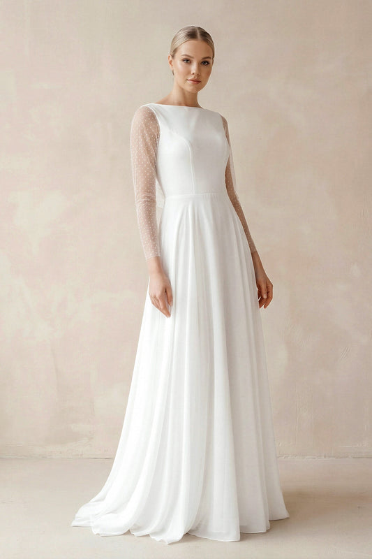 A-Line Chiffon Maxi Wedding Dress Minimalist Sleeved Pearl Button Low Back Bridal Gown