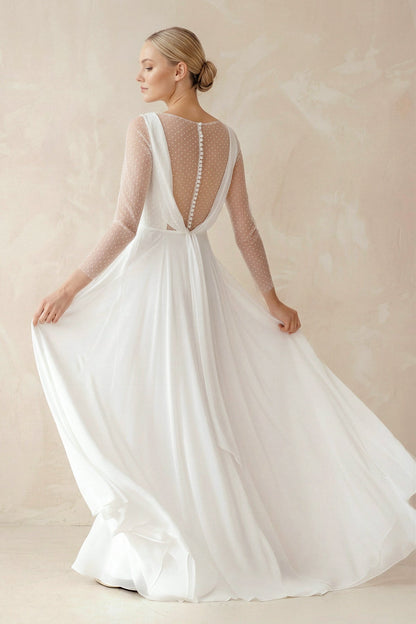 A-Line Chiffon Maxi Wedding Dress Minimalist Sleeved Pearl Button Low Back Bridal Gown