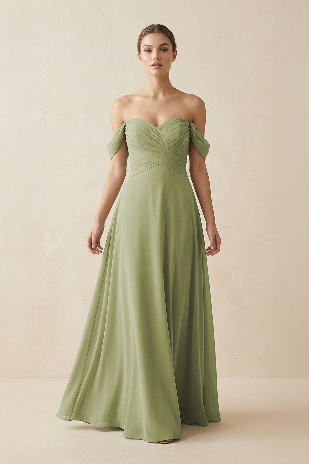 A-Line Off-the-Shoulder Chiffon Bridesmaid Dress in Moss Green