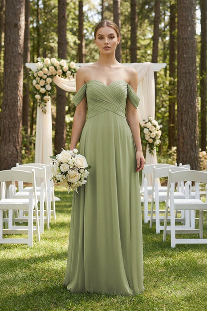 A-Line Off-the-Shoulder Chiffon Bridesmaid Dress in Moss Green