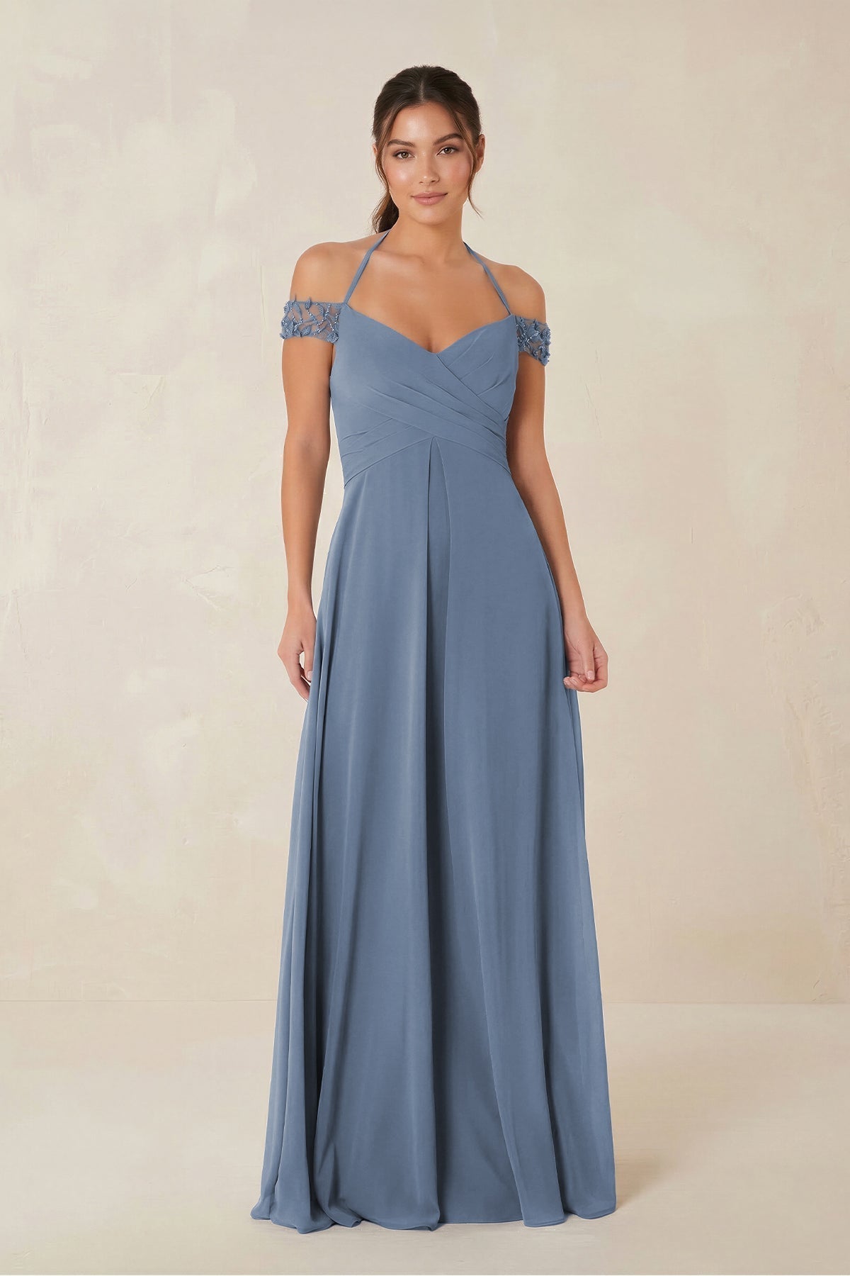 A-Line Off-the-Shoulder Chiffon Bridesmaid Dress in Neptune