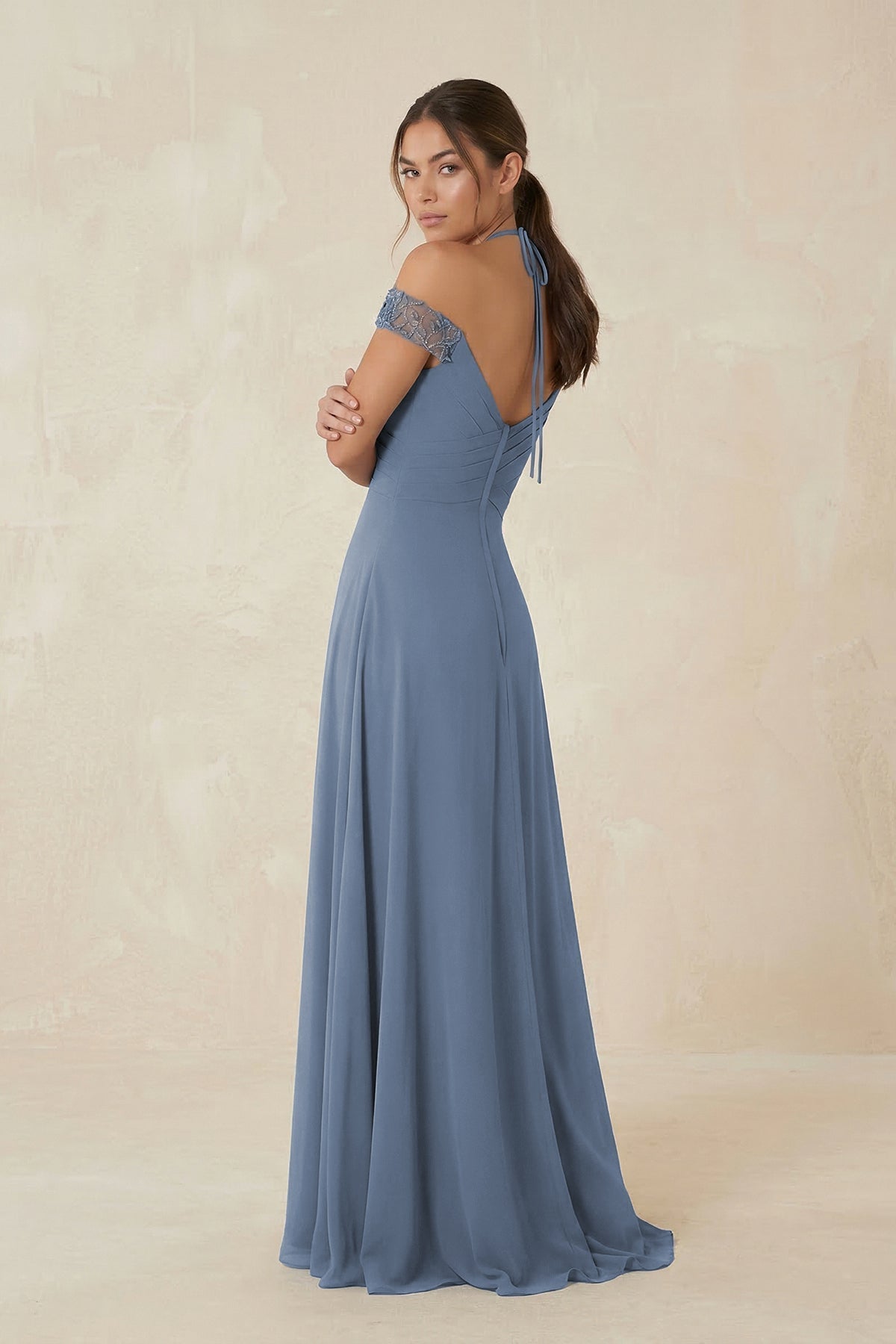 A-Line Off-the-Shoulder Chiffon Bridesmaid Dress in Neptune