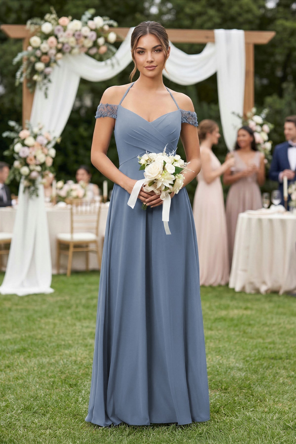 A-Line Off-the-Shoulder Chiffon Bridesmaid Dress in Neptune