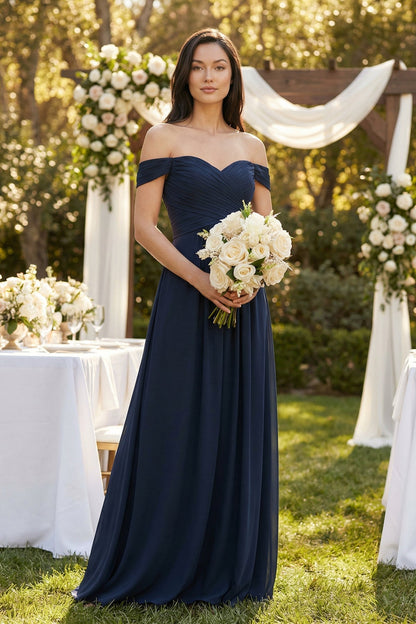 A-Line Pleated Off-the-Shoulder Chiffon Bridesmaid Dress in Dark Navy
