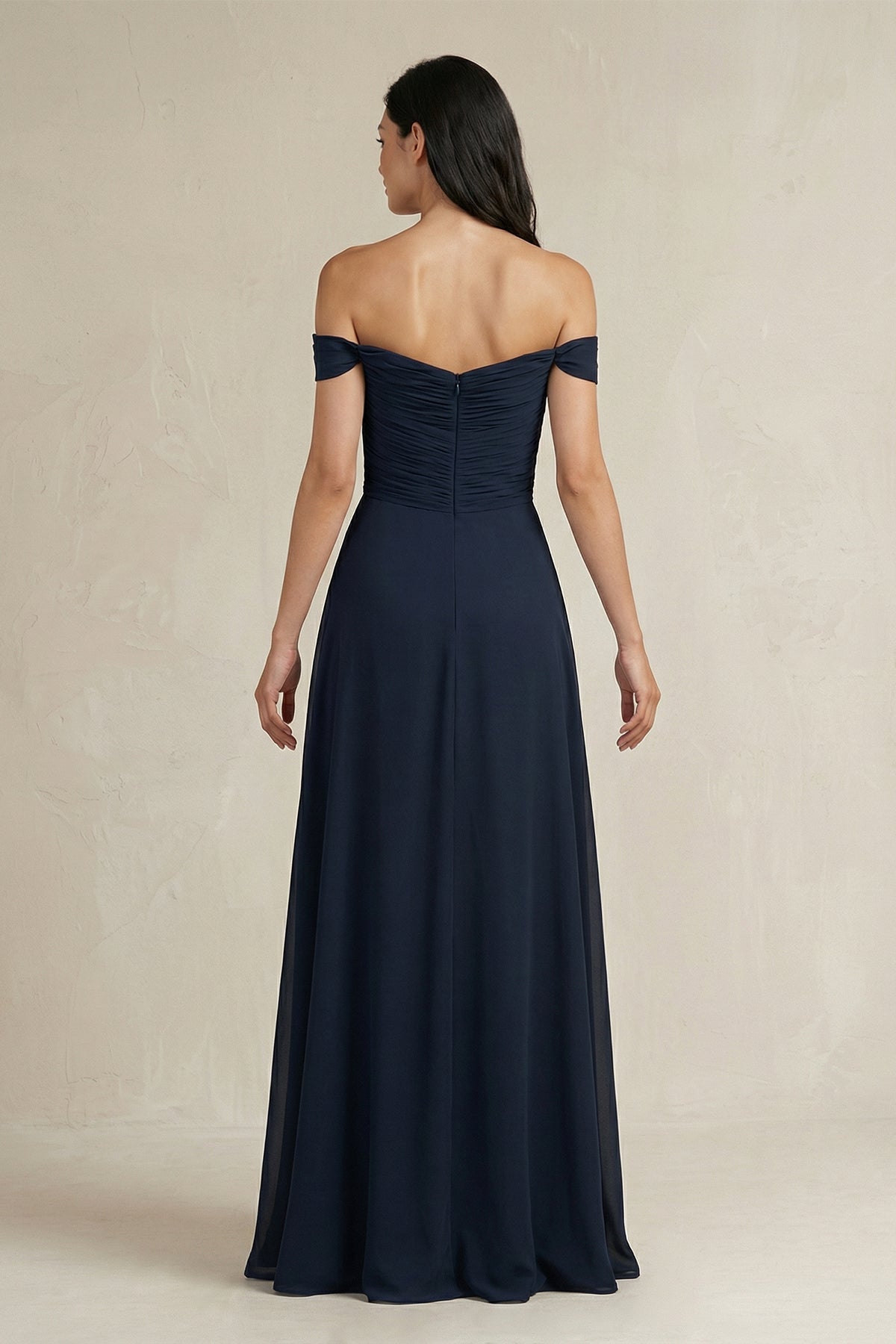 A-Line Pleated Off-the-Shoulder Chiffon Bridesmaid Dress in Dark Navy