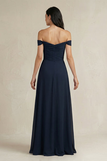 A-Line Pleated Off-the-Shoulder Chiffon Bridesmaid Dress in Dark Navy