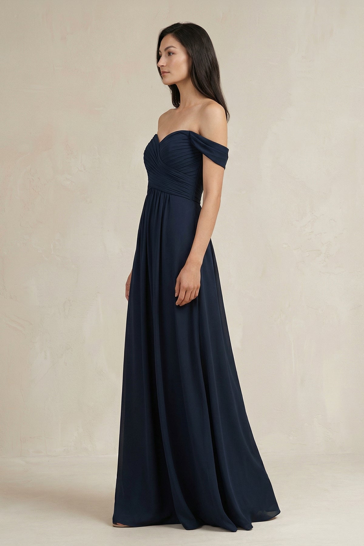 A-Line Pleated Off-the-Shoulder Chiffon Bridesmaid Dress in Dark Navy