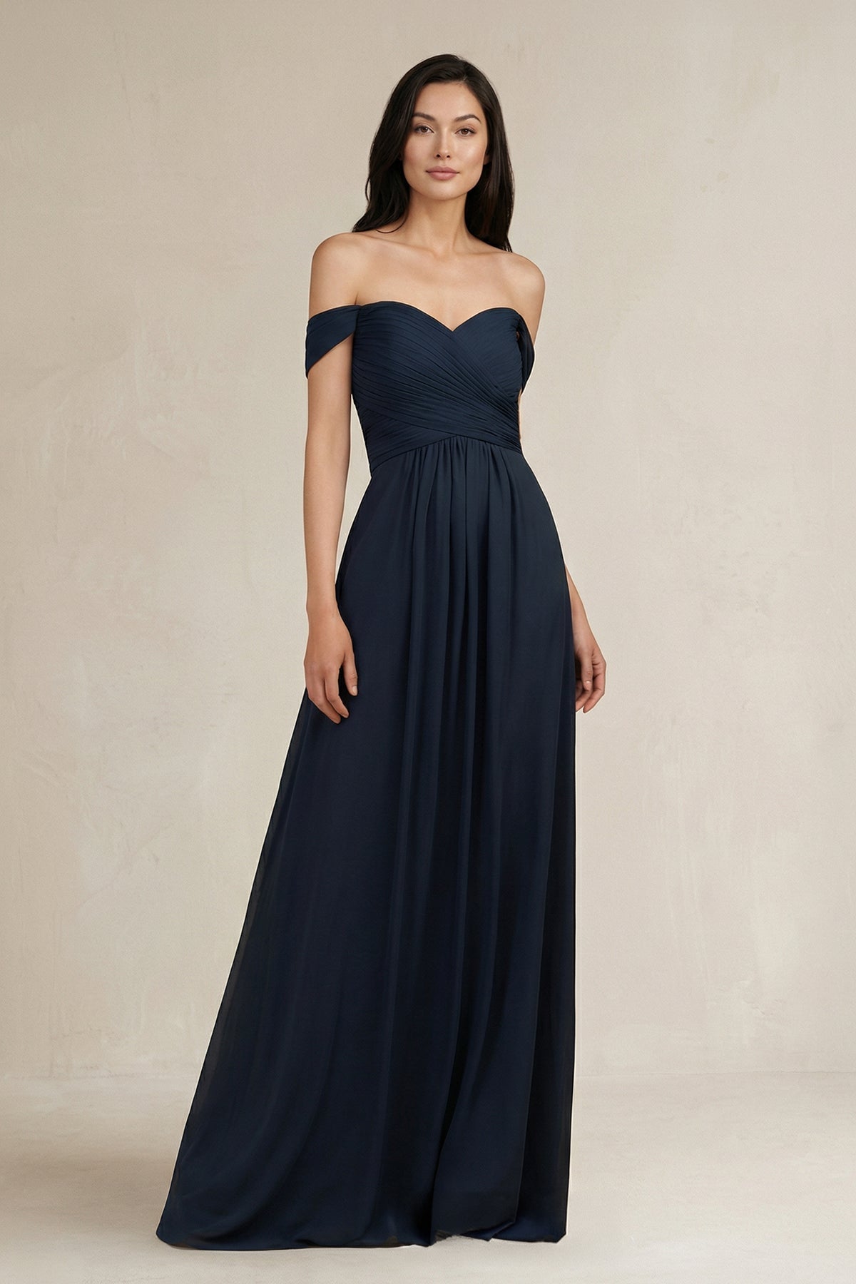 A-Line Pleated Off-the-Shoulder Chiffon Bridesmaid Dress in Dark Navy