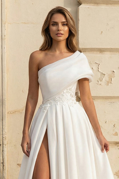A-Line One-Shoulder Organza Sweep Train Wedding Dress With Appliques Lace