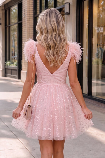 A-line Deep V Neck Tulle Homecoming Dress with Feathers
