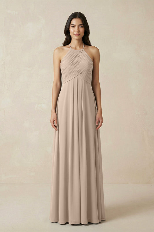 A-Line Halter Neck Pleated Chiffon Bridesmaid Dress in Almond