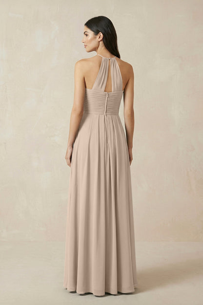 A-Line Halter Neck Pleated Chiffon Bridesmaid Dress in Almond