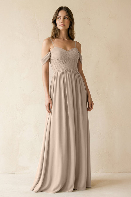 A-Line Off-the-Shoulder Pleated Chiffon Bridesmaid Dress in Almond