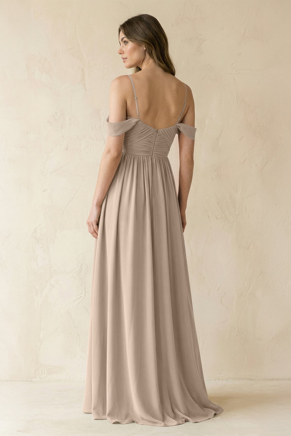 A-Line Off-the-Shoulder Pleated Chiffon Bridesmaid Dress in Almond