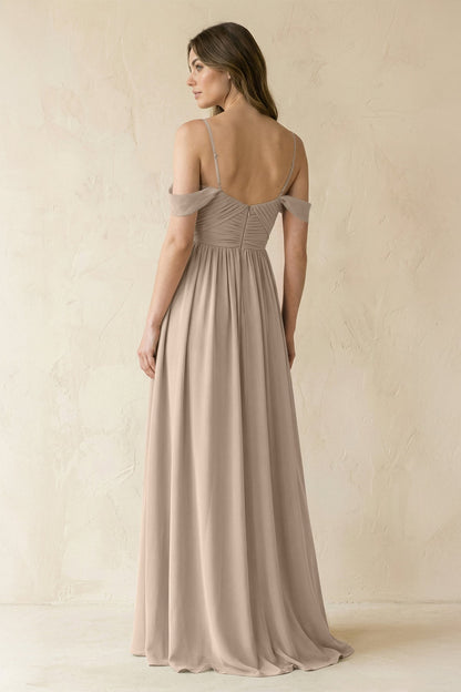 A-Line Off-the-Shoulder Pleated Chiffon Bridesmaid Dress in Almond