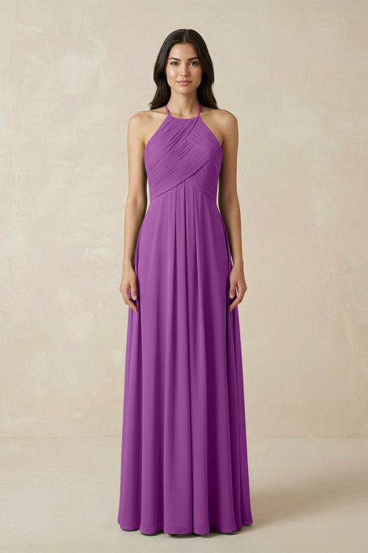 A-Line Halter Neck Pleated Chiffon Bridesmaid Dress in Amethyst