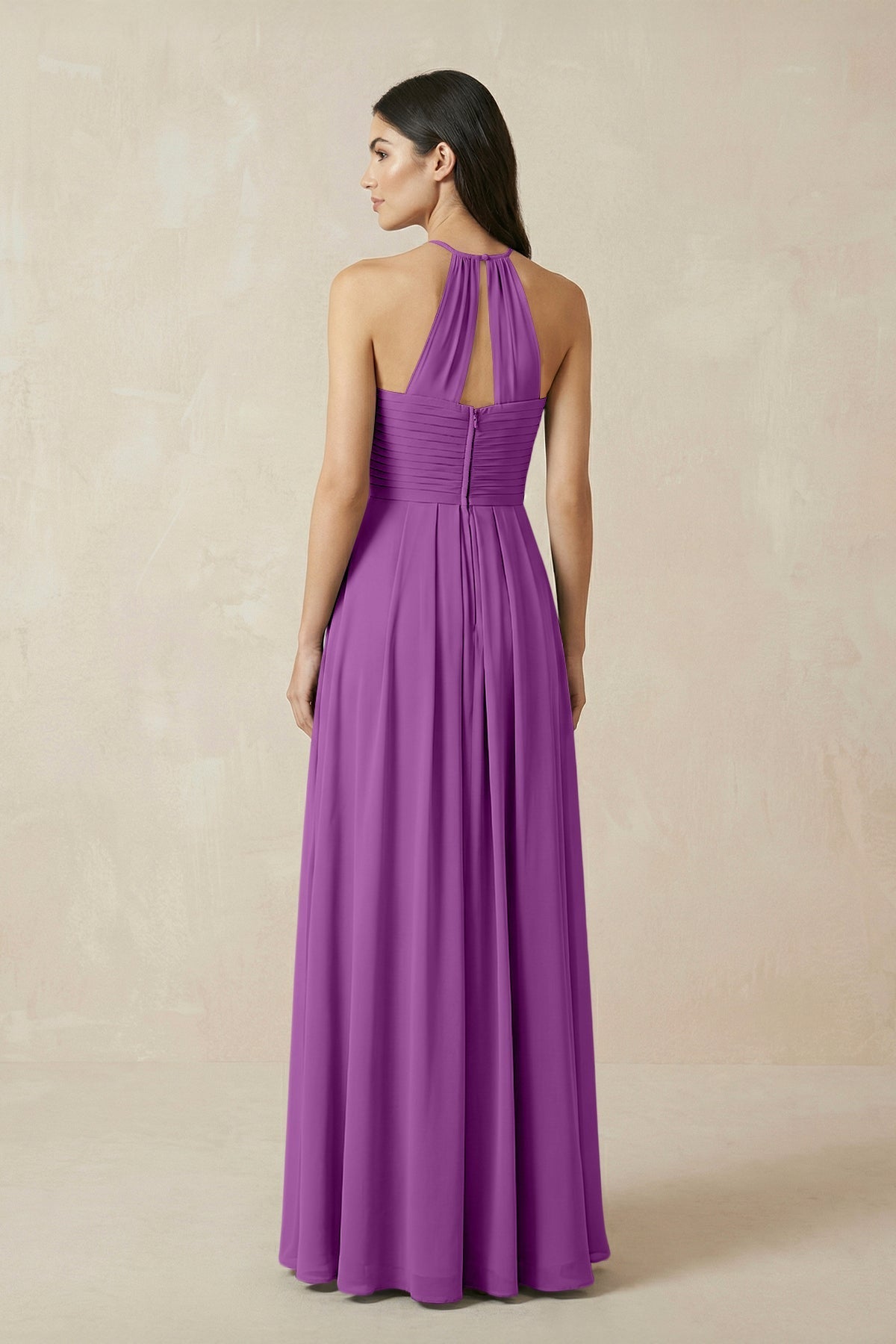 A-Line Halter Neck Pleated Chiffon Bridesmaid Dress in Amethyst