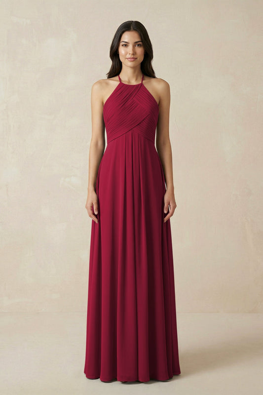 A-Line Halter Neck Pleated Chiffon Bridesmaid Dress in Berry