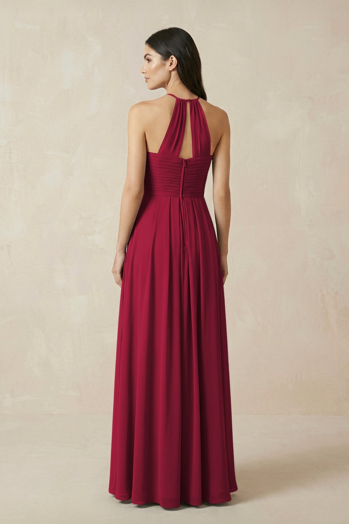 A-Line Halter Neck Pleated Chiffon Bridesmaid Dress in Berry