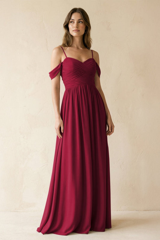 A-Line Off-the-Shoulder Pleated Chiffon Bridesmaid Dress in Berry