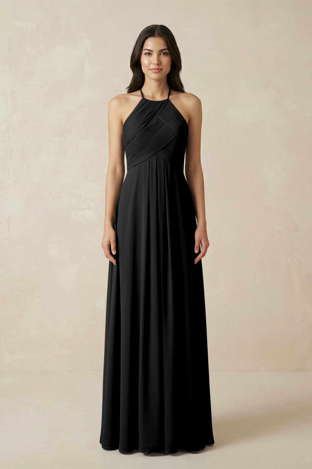 A-Line Halter Neck Pleated Chiffon Bridesmaid Dress in Black
