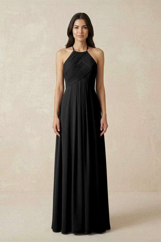 A-Line Halter Neck Pleated Chiffon Bridesmaid Dress in Black