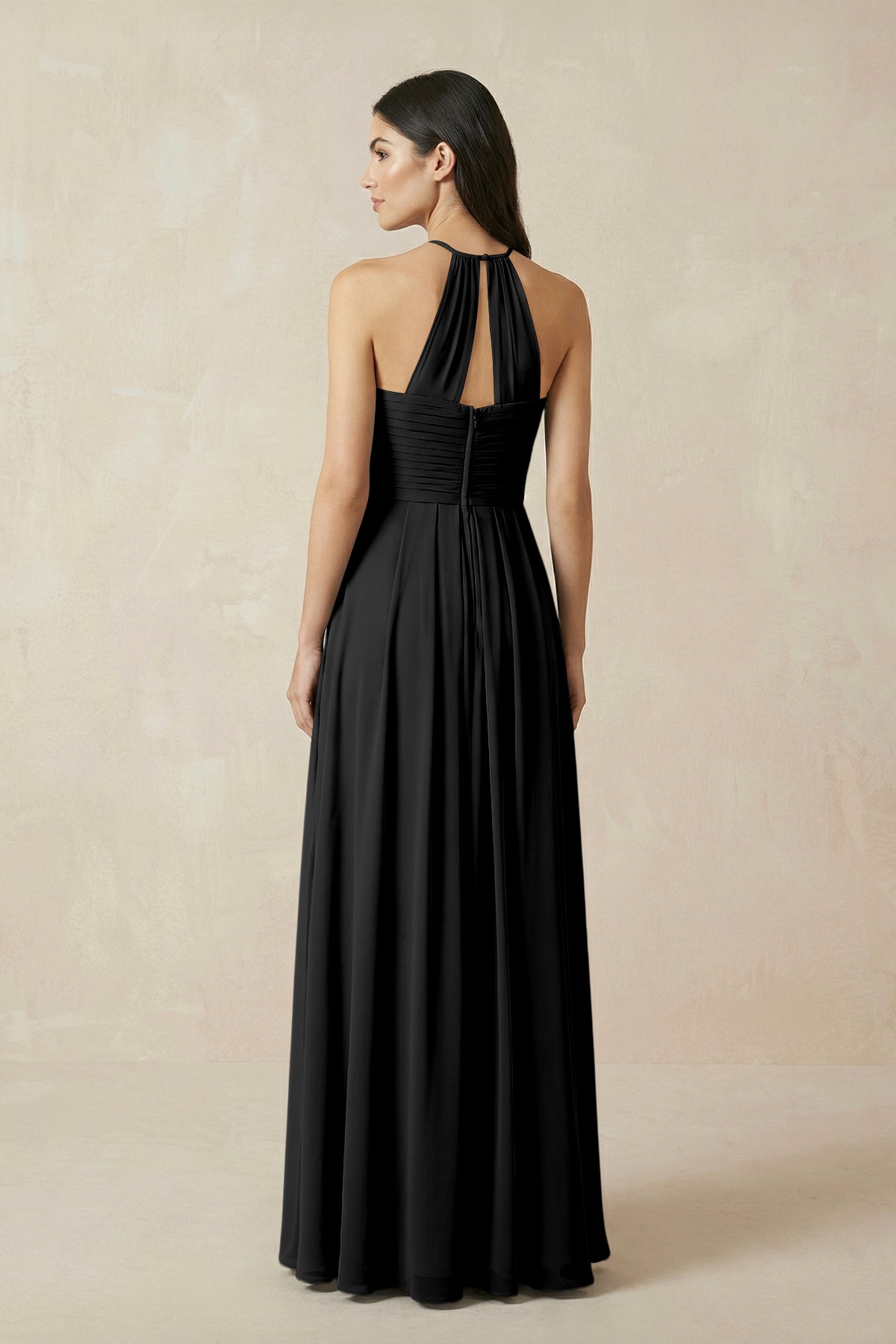 A-Line Halter Neck Pleated Chiffon Bridesmaid Dress in Black