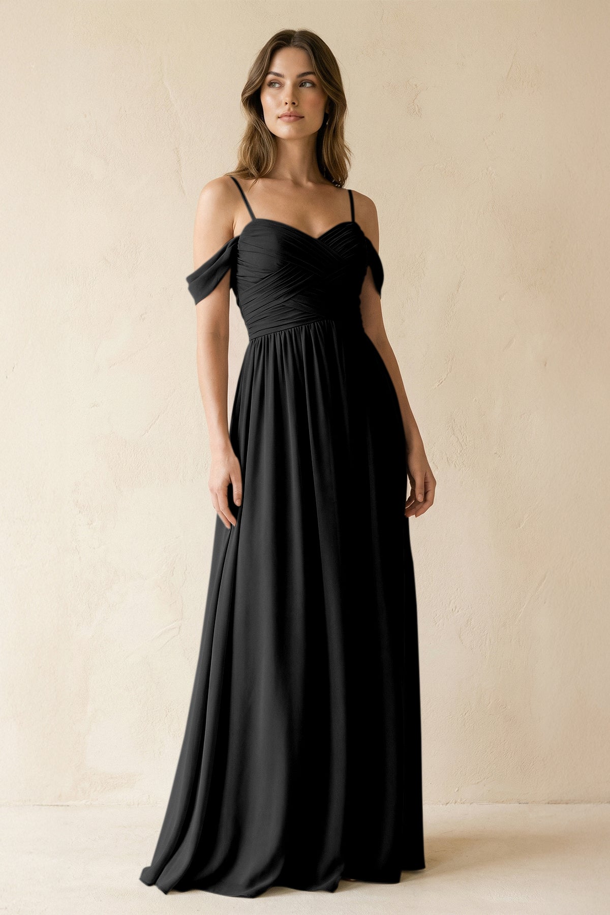 A-Line Off-the-Shoulder Pleated Chiffon Bridesmaid Dress in Black