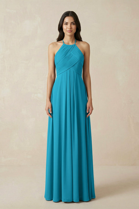A-Line Halter Neck Pleated Chiffon Bridesmaid Dress in Blue Jay
