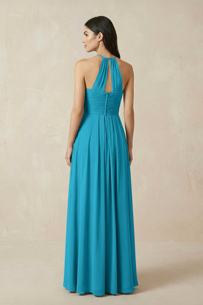 A-Line Halter Neck Pleated Chiffon Bridesmaid Dress in Blue Jay
