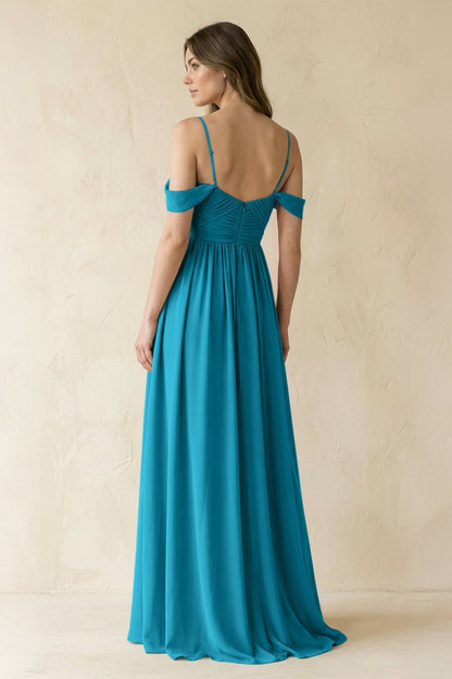 A-Line Off-the-Shoulder Pleated Chiffon Bridesmaid Dress in Blue Jay