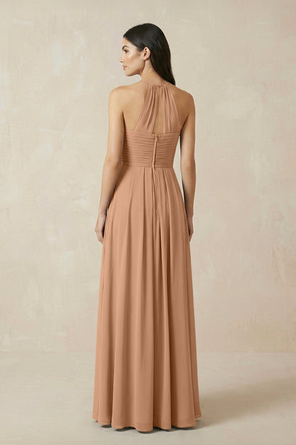 A-Line Halter Neck Pleated Chiffon Bridesmaid Dress in Bronzer