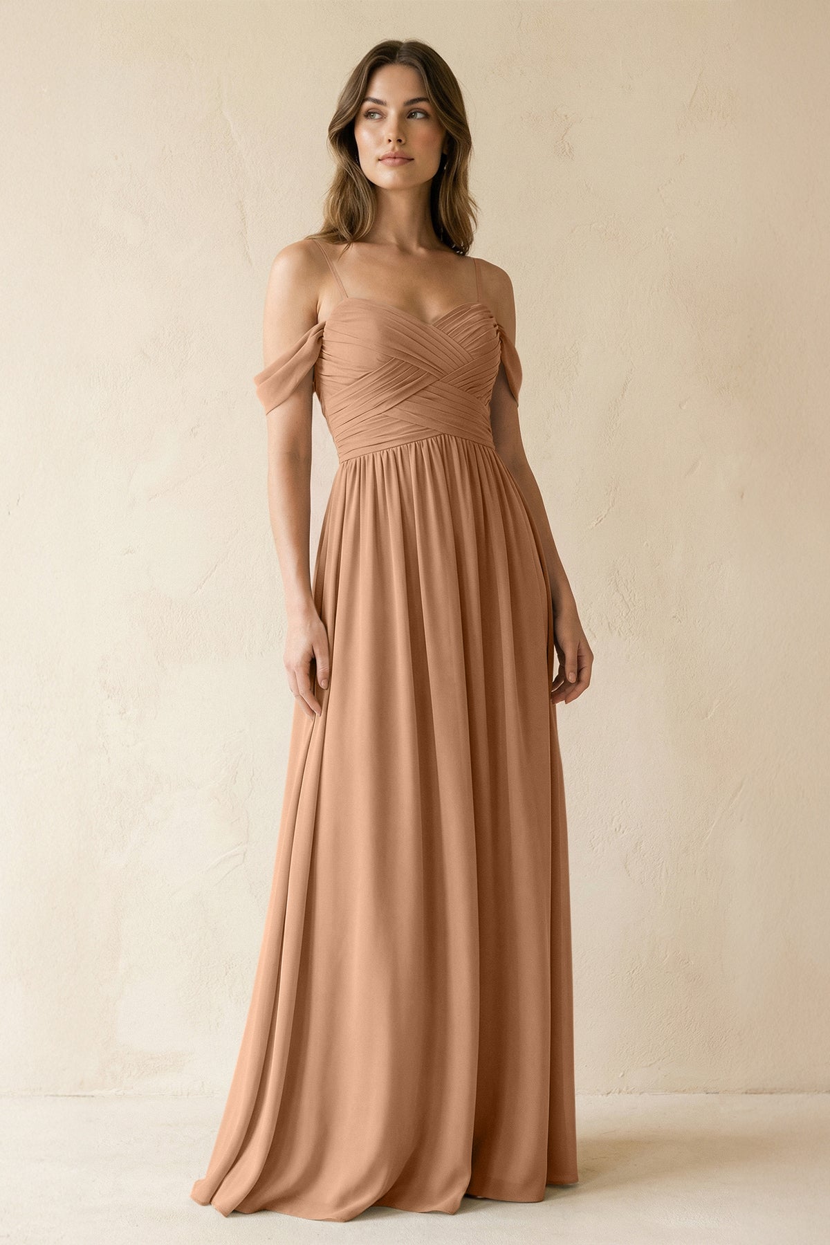 A-Line Off-the-Shoulder Pleated Chiffon Bridesmaid Dress in Bronzer