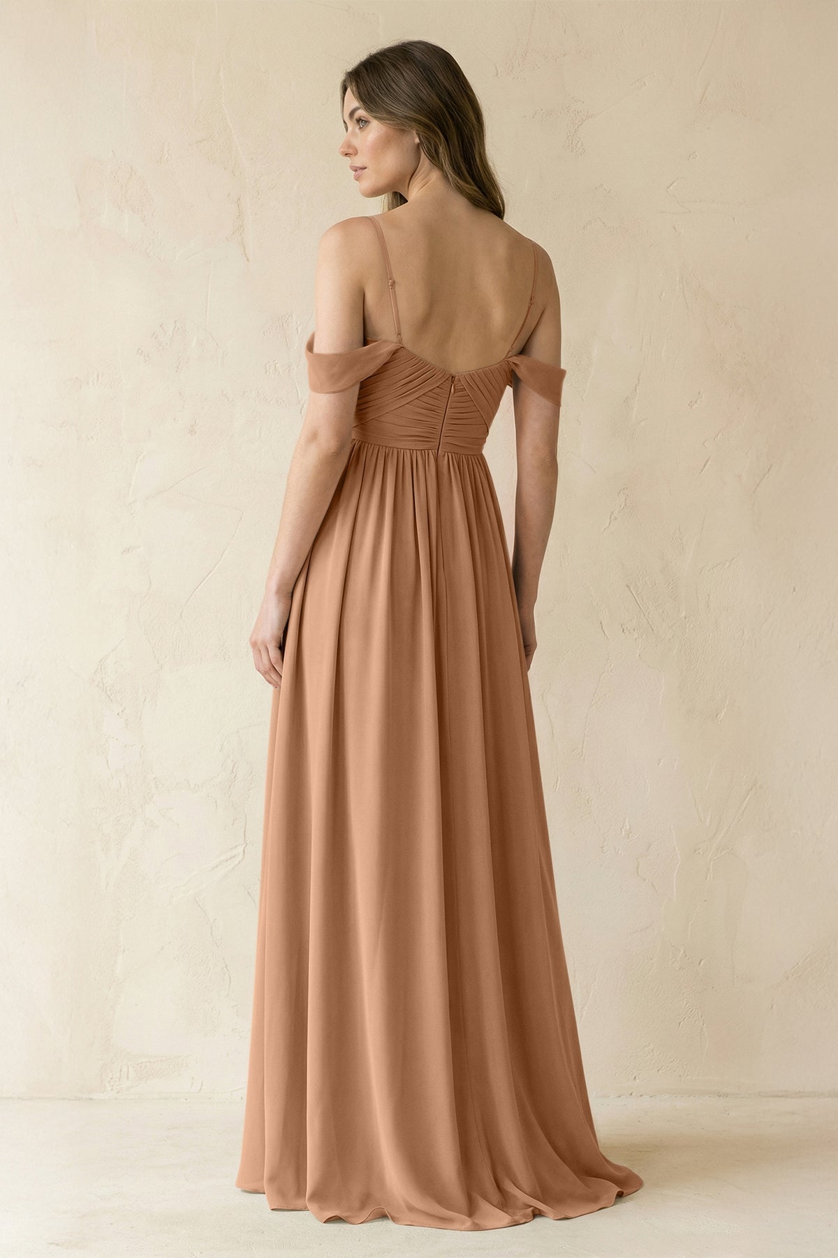 A-Line Off-the-Shoulder Pleated Chiffon Bridesmaid Dress in Bronzer