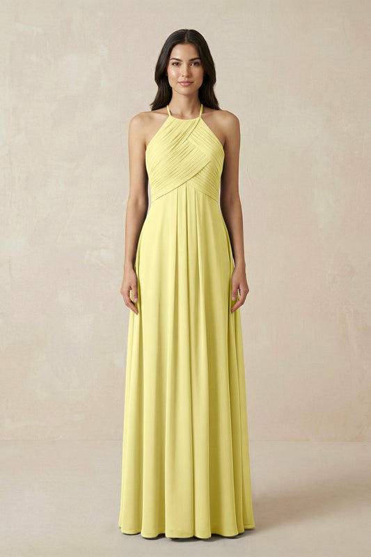 A-Line Halter Neck Pleated Chiffon Bridesmaid Dress in Buttercup