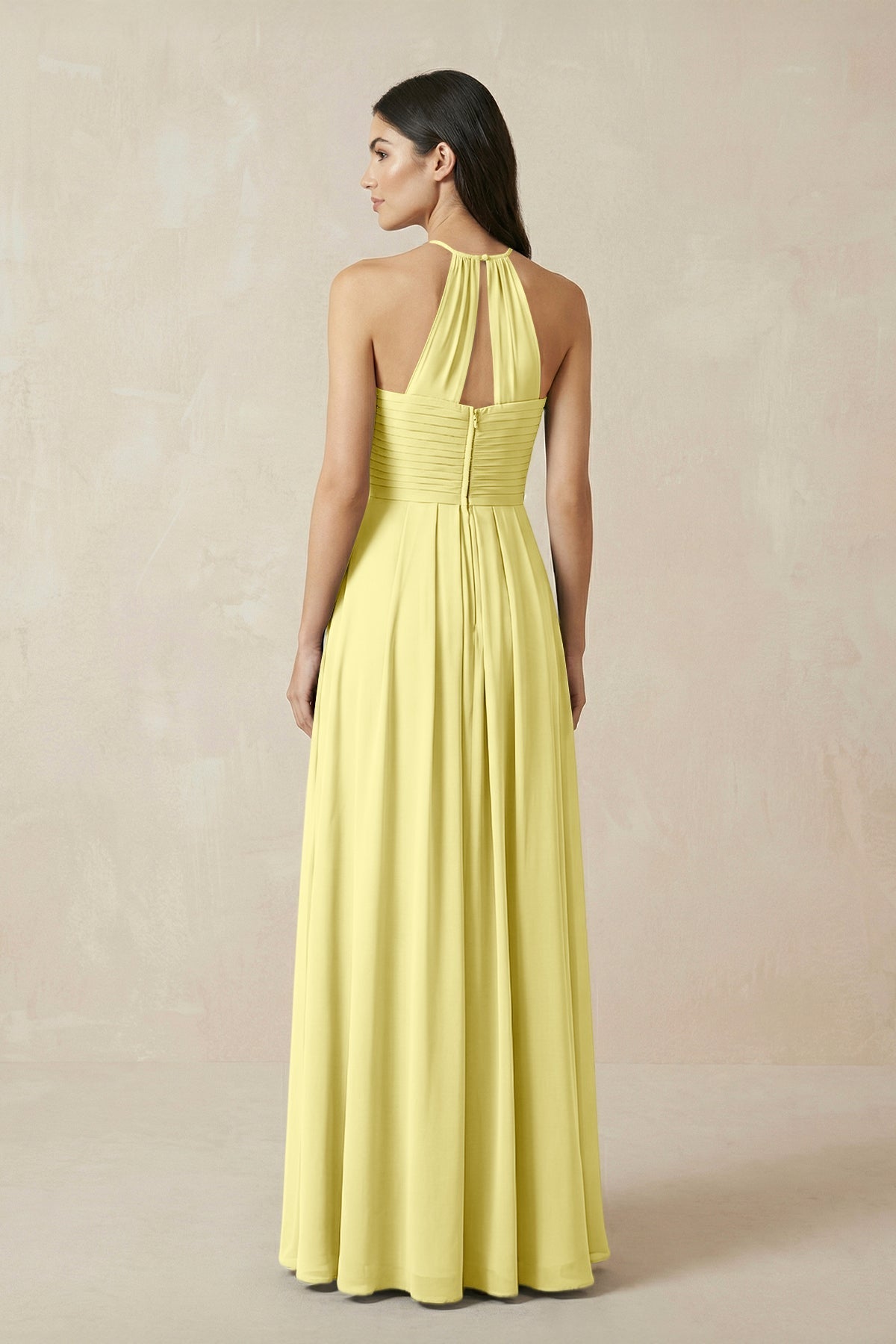 A-Line Halter Neck Pleated Chiffon Bridesmaid Dress in Buttercup