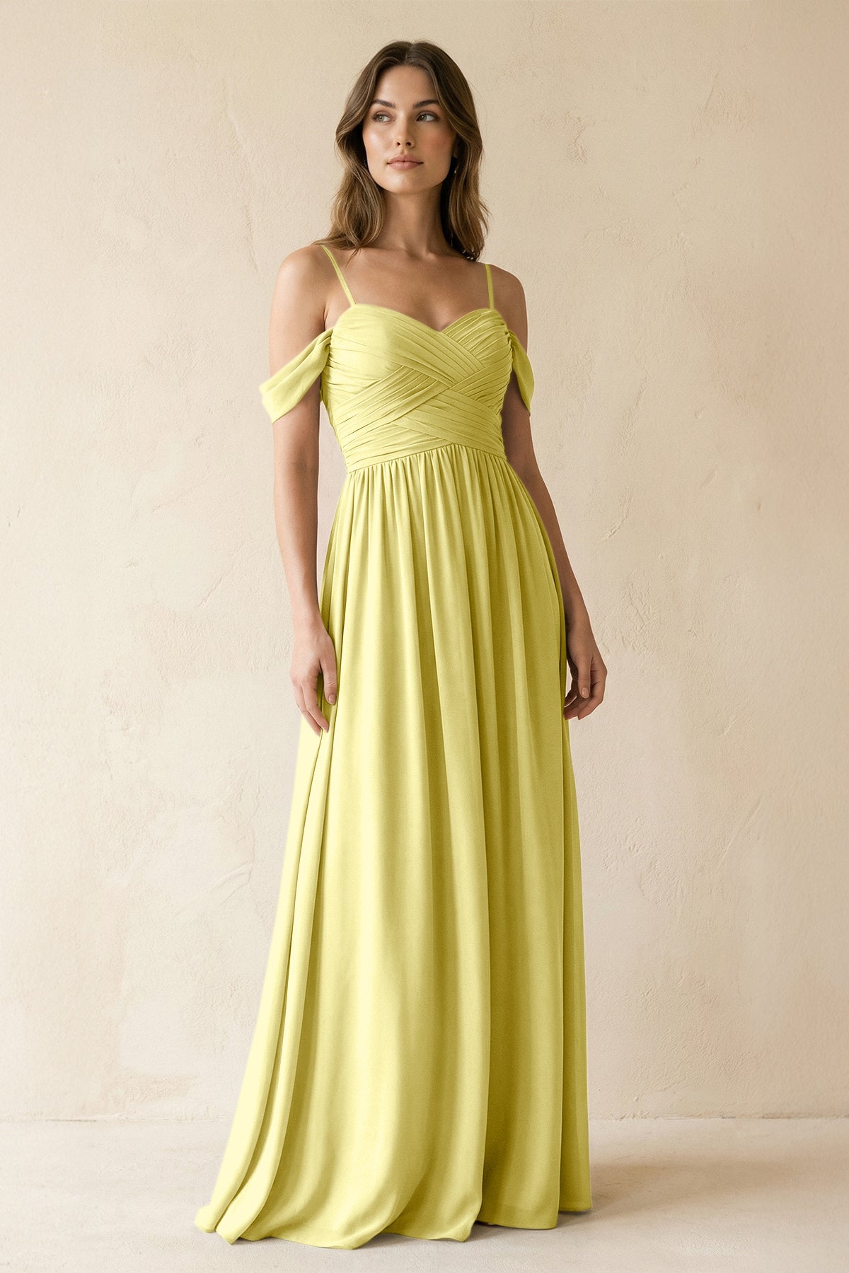 A-Line Off-the-Shoulder Pleated Chiffon Bridesmaid Dress in Buttercup
