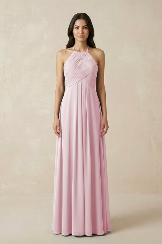 A-Line Halter Neck Pleated Chiffon Bridesmaid Dress in Candy Pink