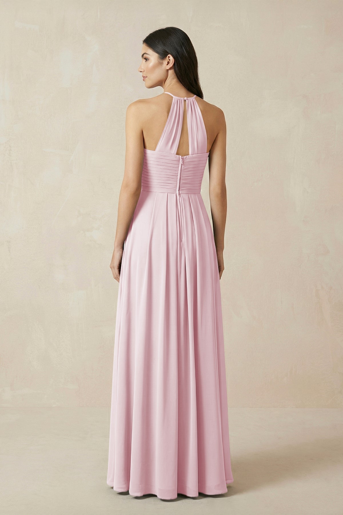 A-Line Halter Neck Pleated Chiffon Bridesmaid Dress in Candy Pink