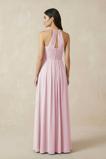 A-Line Halter Neck Pleated Chiffon Bridesmaid Dress in Candy Pink