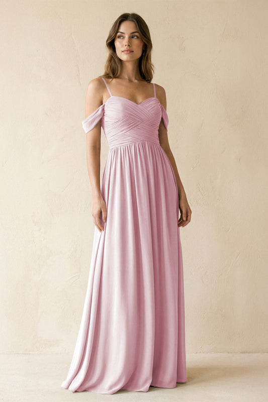 A-Line Off-the-Shoulder Pleated Chiffon Bridesmaid Dress in Candy Pink