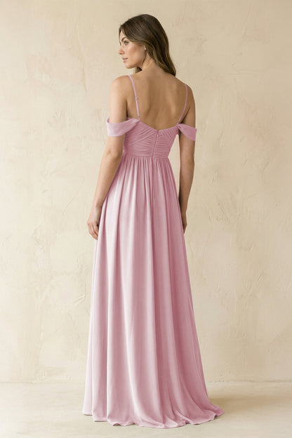 A-Line Off-the-Shoulder Pleated Chiffon Bridesmaid Dress in Candy Pink