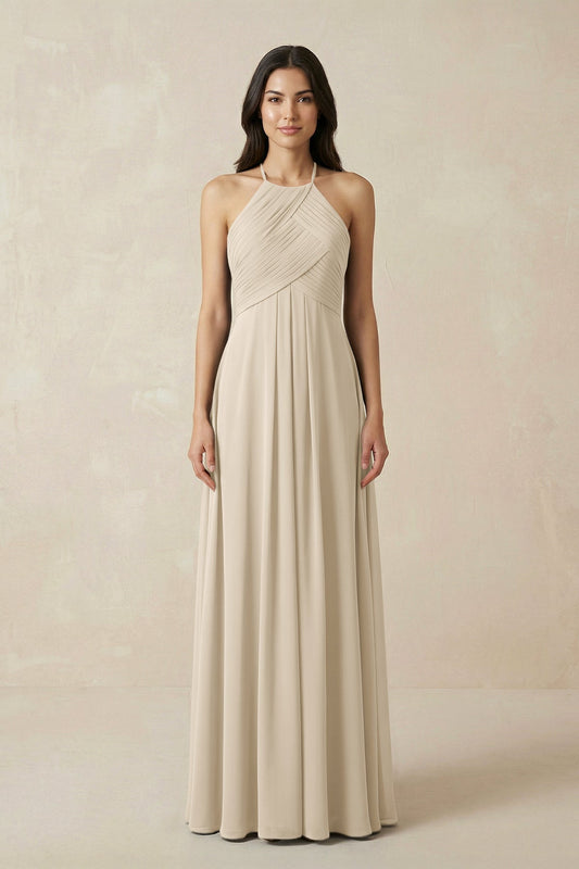 A-Line Halter Neck Pleated Chiffon Bridesmaid Dress in Champagne