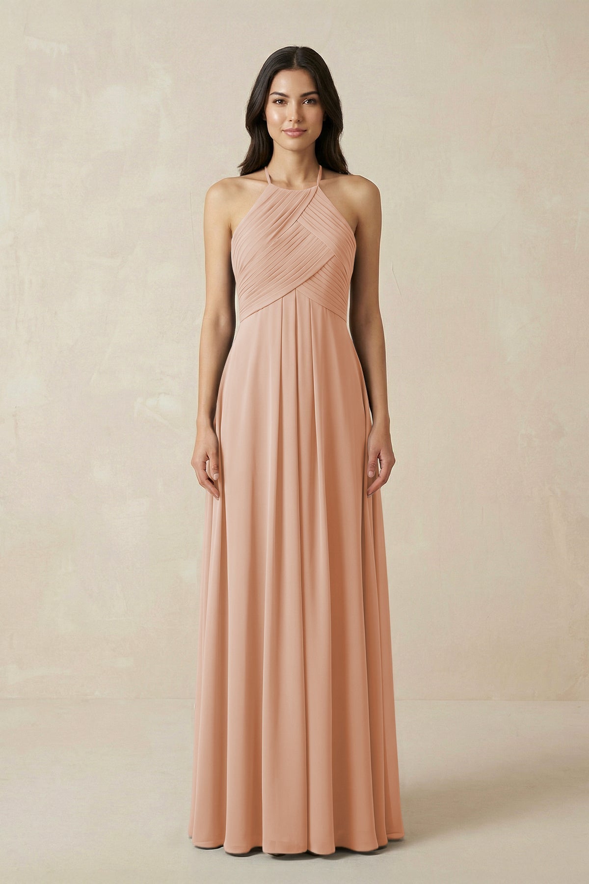 A-Line Halter Neck Pleated Chiffon Bridesmaid Dress in Champagne Rose