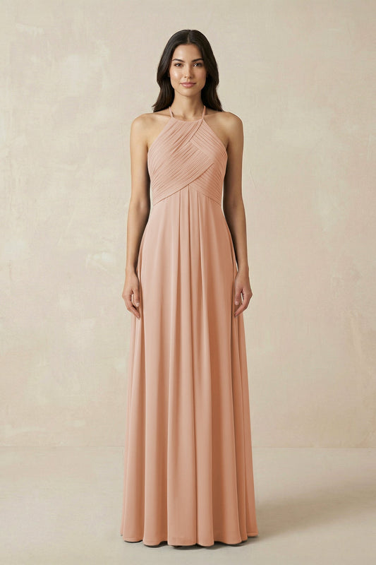 A-Line Halter Neck Pleated Chiffon Bridesmaid Dress in Champagne Rose